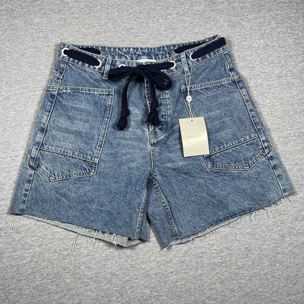 Bohme Bermuda Shorts Womens Size M Blue Denim Cotton Drawstring Tassels